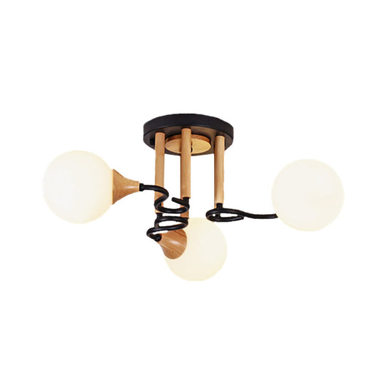 Black & Wood Sphere Semi Flush Mount Light - Modern 3/6 Lights Opal Glass Ceiling Lamp