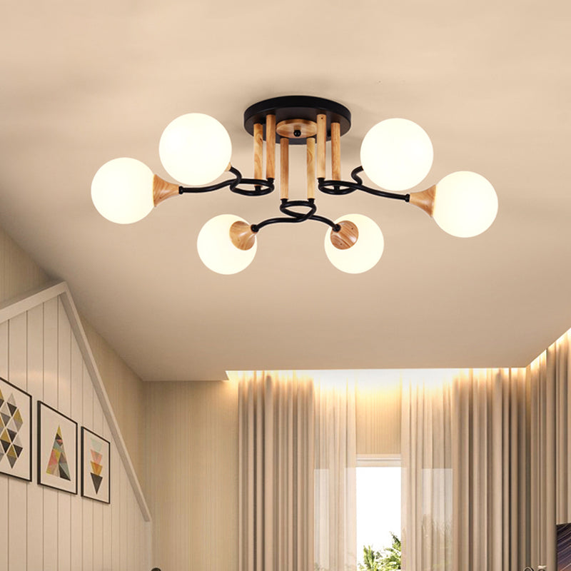 Black & Wood Sphere Semi Flush Mount Light - Modern 3/6 Lights, Opal Glass Ceiling Lamp