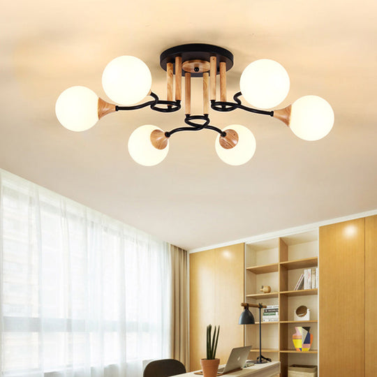 Black & Wood Sphere Semi Flush Mount Light - Modern 3/6 Lights, Opal Glass Ceiling Lamp