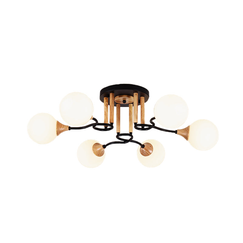 Black & Wood Sphere Semi Flush Mount Light - Modern 3/6 Lights, Opal Glass Ceiling Lamp