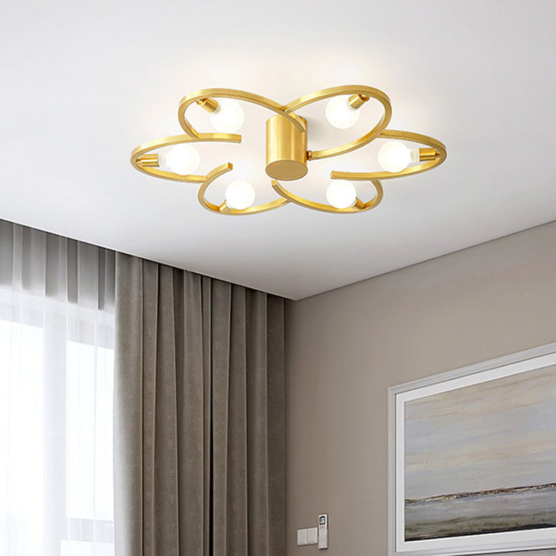 Modern Gold Metallic Flower Semi Flush Mount Ceiling Light With 5/6-Head For Bedrooms