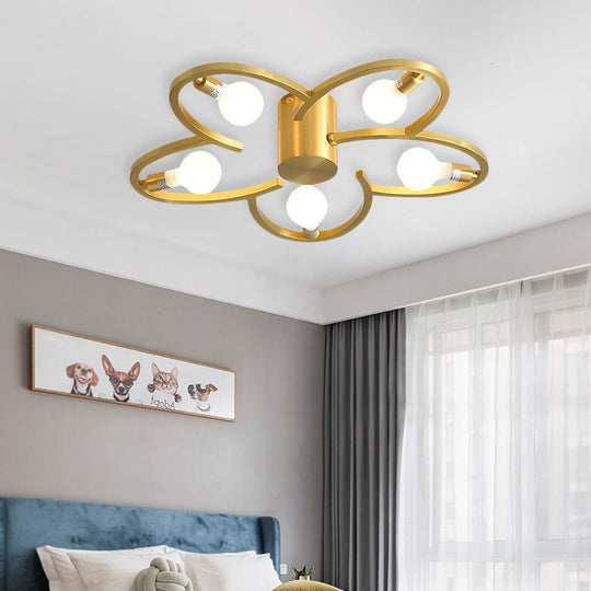 Modern Gold Metallic Flower Semi Flush Mount Ceiling Light with 5/6-Head for Bedrooms