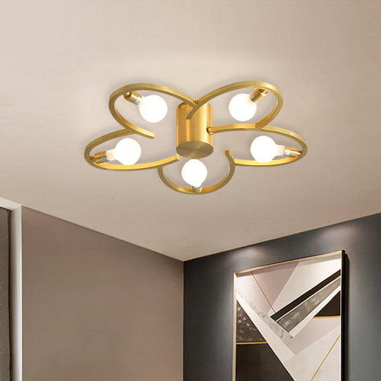 Modern Gold Metallic Flower Semi Flush Mount Ceiling Light with 5/6-Head for Bedrooms