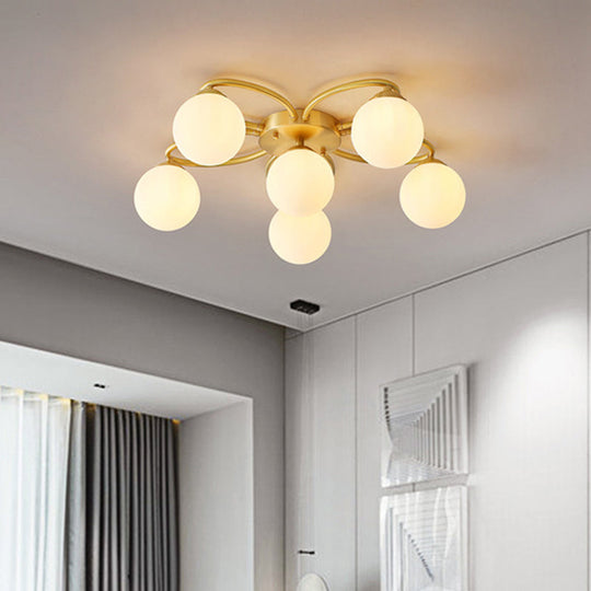 Modern Gold Flower Design 6-Head Orb Bedroom Semi Flush Ceiling Lamp with Opal Glass