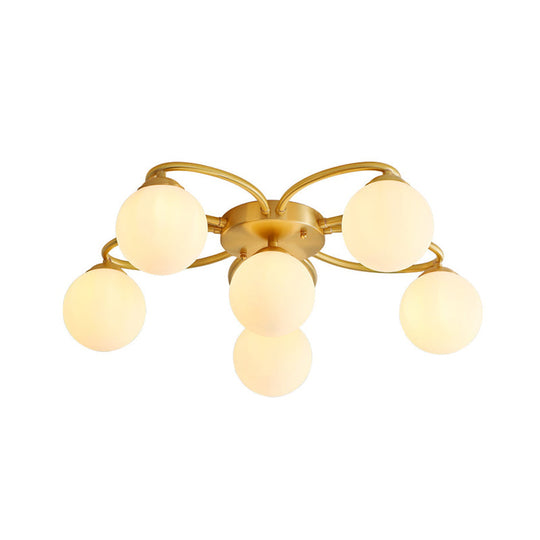 Modern Gold Flower Design 6-Head Orb Bedroom Semi Flush Ceiling Lamp with Opal Glass