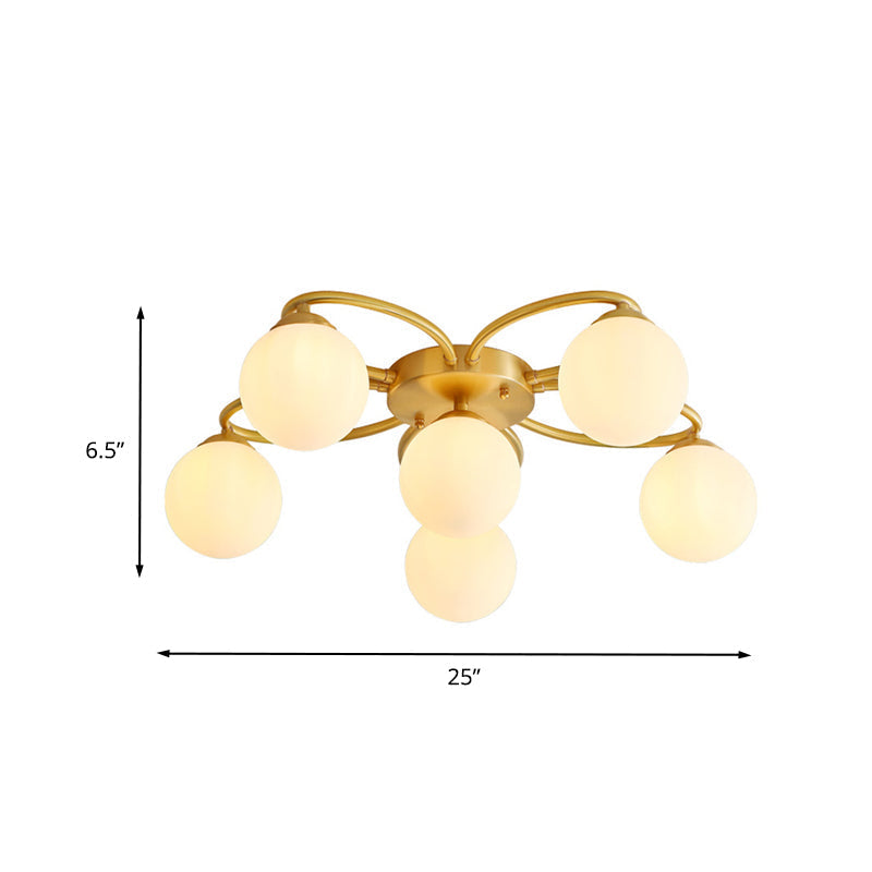 Modern Gold Flower Design 6-Head Orb Bedroom Semi Flush Ceiling Lamp with Opal Glass