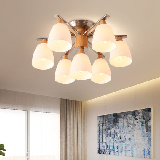 Modernist 7-Light Semi Flush Chrome and Wood Cup Ceiling Lamp with Opal Glass Shade