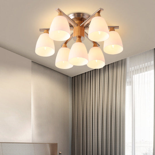 Modernist 7-Light Semi Flush Chrome and Wood Cup Ceiling Lamp with Opal Glass Shade