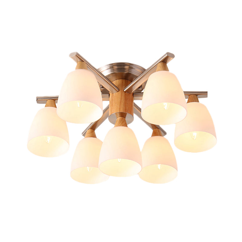 Modernist 7-Light Semi Flush Chrome and Wood Cup Ceiling Lamp with Opal Glass Shade