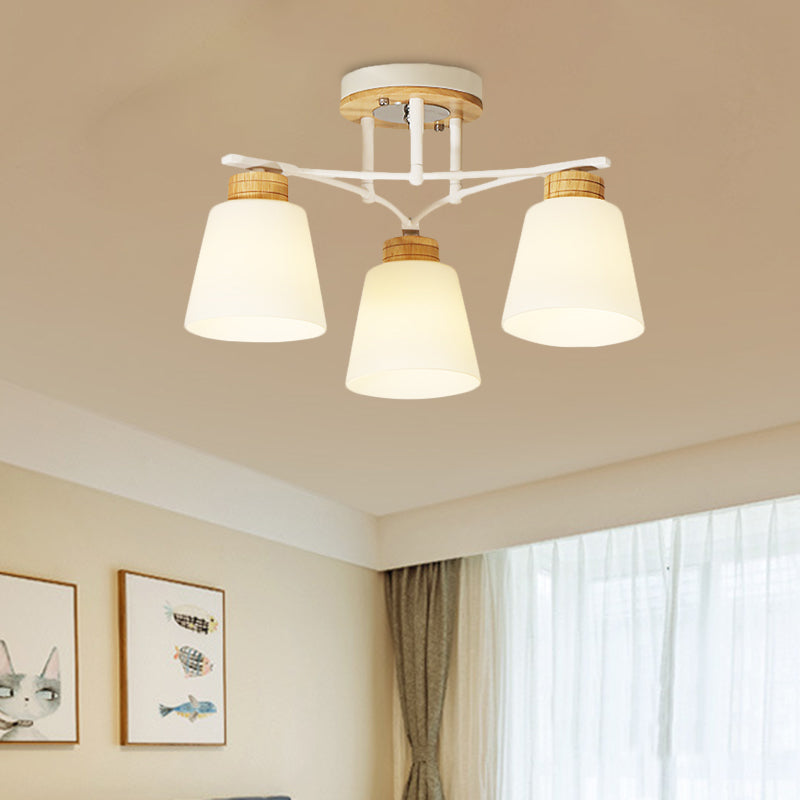 Modern White-Wood Barrel Flush Mount Light with Cream Glass - 3/5 Heads