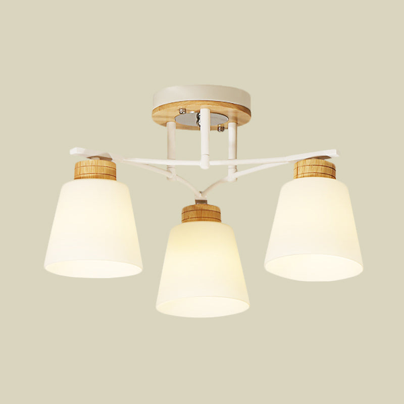 Modern White-Wood Barrel Flush Mount Light with Cream Glass - 3/5 Heads