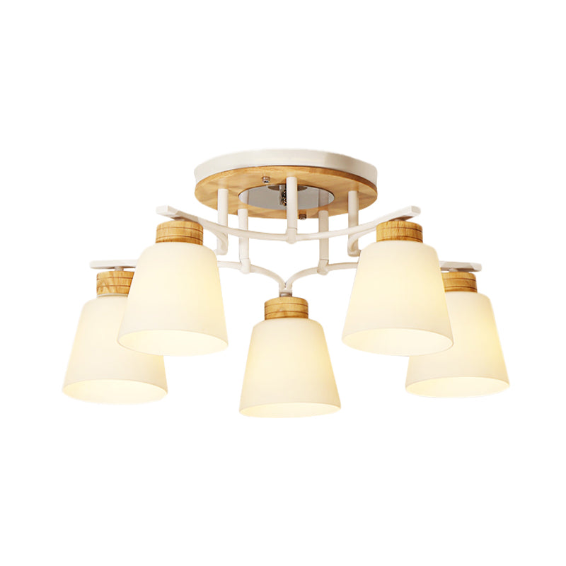 Modern White-Wood Barrel Flush Mount Light with Cream Glass - 3/5 Heads