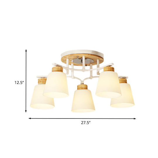 Modern White-Wood Barrel Flush Mount Light with Cream Glass - 3/5 Heads