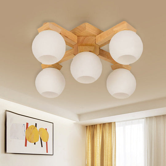 Semi Flush Mount Asian Ceiling Light Fixture - Wood Global Design with 5 Bulbs and White Frosted Glass