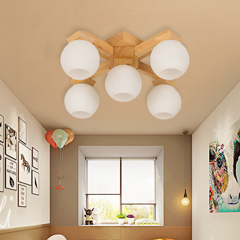 Semi Flush Mount Asian Ceiling Light Fixture - Wood Global Design with 5 Bulbs and White Frosted Glass