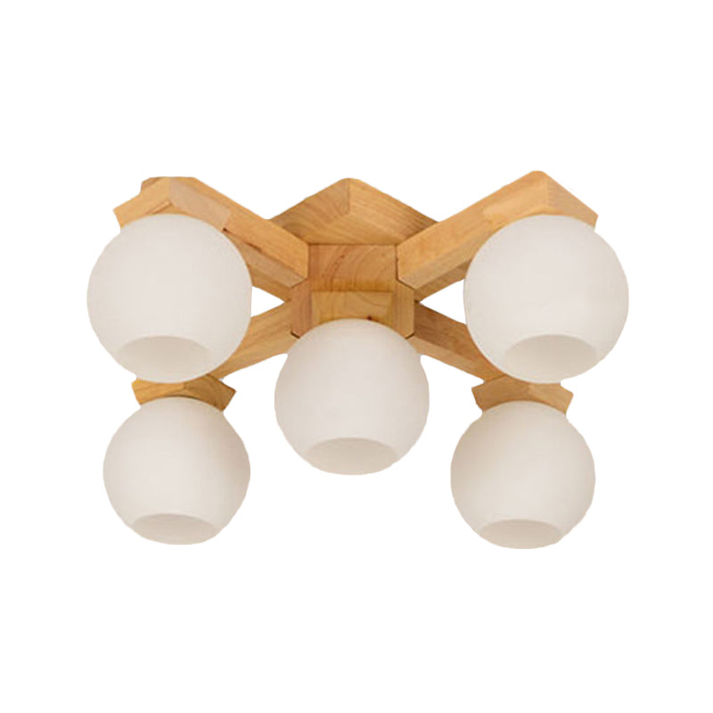 Semi Flush Mount Asian Ceiling Light Fixture - Wood Global Design with 5 Bulbs and White Frosted Glass