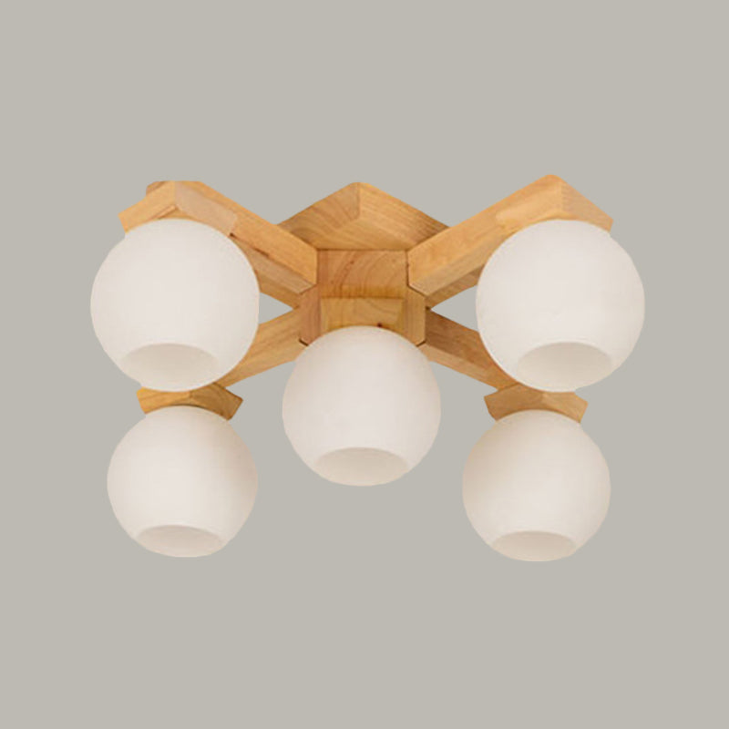 Semi Flush Mount Asian Ceiling Light Fixture - Wood Global Design with 5 Bulbs and White Frosted Glass