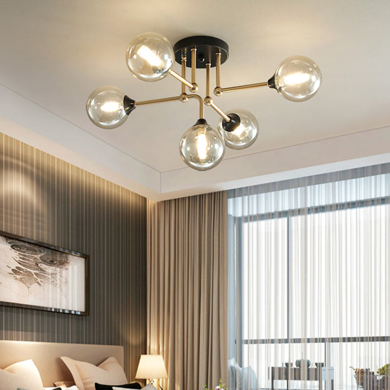 Contemporary 5-Light Semi Flush Gold/Black Sphere Ceiling Lamp with Clear Glass Shade