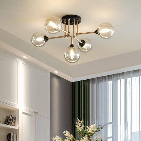 Contemporary 5-Light Semi Flush Gold/Black Sphere Ceiling Lamp with Clear Glass Shade