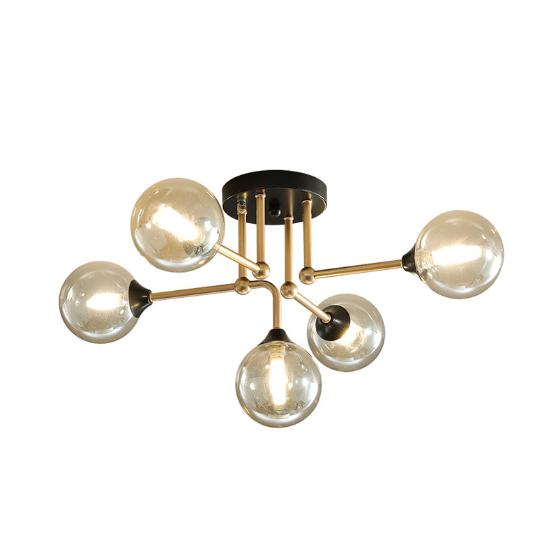 Contemporary 5-Light Semi Flush Gold/Black Sphere Ceiling Lamp with Clear Glass Shade