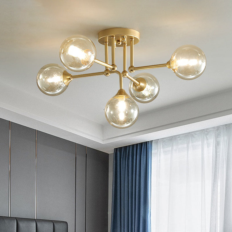 Modern Semi Flush 5-Light Gold/Black Sphere Ceiling Lamp With Clear Glass Shade Gold