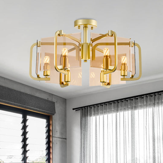 Modernist Semi Flush Light with Gold Rectangle Panel, Tan Glass Shade, and Drum Design - 6 Bulb Flush Mounted Lamp