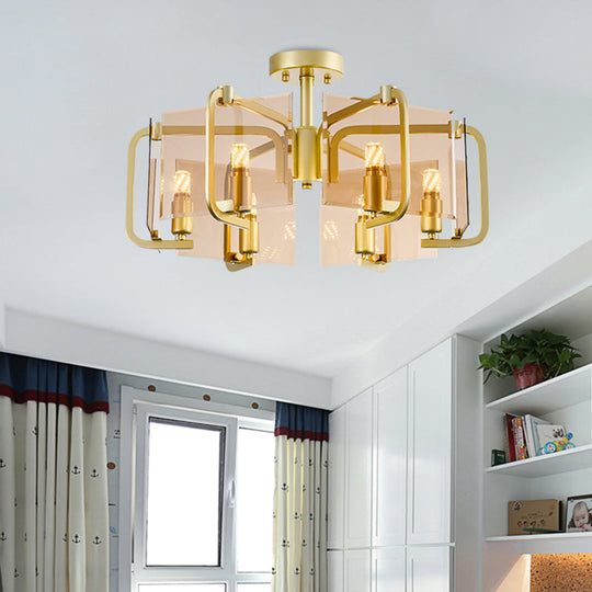 Modernist Semi Flush Light with Gold Rectangle Panel, Tan Glass Shade, and Drum Design - 6 Bulb Flush Mounted Lamp