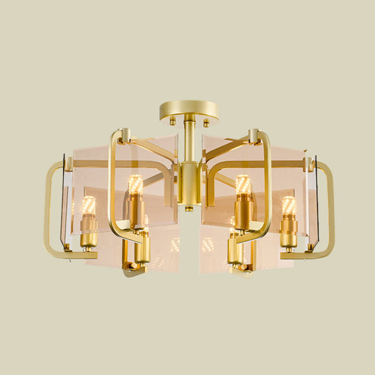 Modernist Semi Flush Light with Gold Rectangle Panel, Tan Glass Shade, and Drum Design - 6 Bulb Flush Mounted Lamp