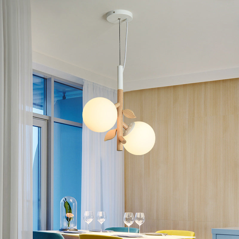 Contemporary Ball Chandelier - White Frosted Glass 2/3 Heads Wood Ceiling Lamp Stylish Dining Room