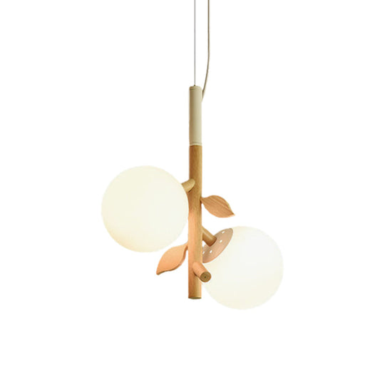 Contemporary Ball Chandelier - White Frosted Glass 2/3 Heads Wood Ceiling Lamp Stylish Dining Room