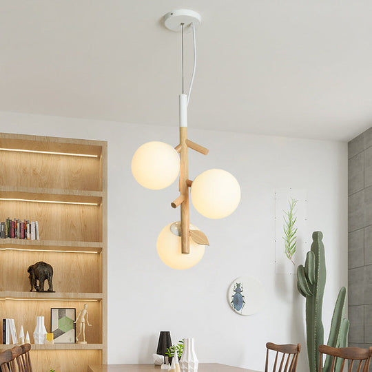 Contemporary Ball Chandelier - White Frosted Glass 2/3 Heads Wood Ceiling Lamp Stylish Dining Room