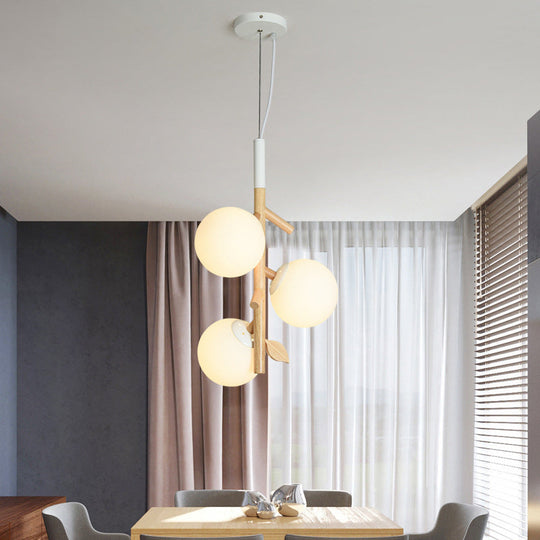 Contemporary Ball Chandelier - White Frosted Glass 2/3 Heads Wood Ceiling Lamp Stylish Dining Room