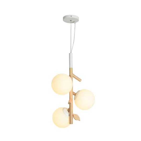 Contemporary Ball Chandelier - White Frosted Glass 2/3 Heads Wood Ceiling Lamp Stylish Dining Room