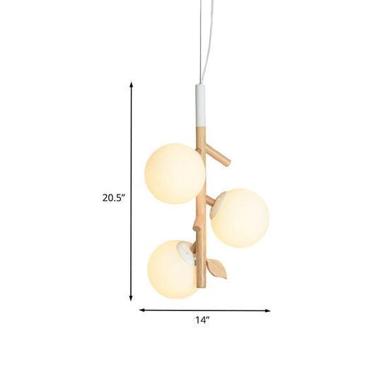 Contemporary Ball Chandelier - White Frosted Glass 2/3 Heads Wood Ceiling Lamp Stylish Dining Room