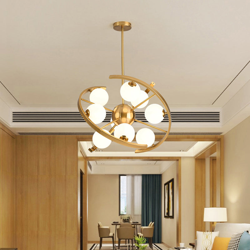 Modern 9-Light Gold Finish Led Suspension Chandelier - White Frosted Glass Orb Ceiling Light