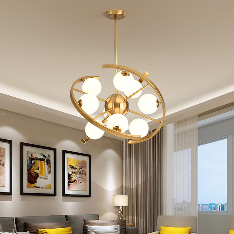 Modern 9-Light Gold Finish Led Suspension Chandelier - White Frosted Glass Orb Ceiling Light