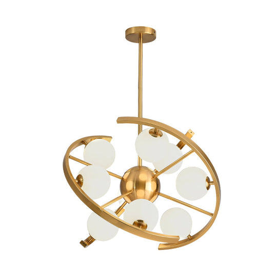 Modern 9-Light Gold Finish Led Suspension Chandelier - White Frosted Glass Orb Ceiling Light