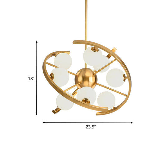 Modern 9-Light Gold Finish Led Suspension Chandelier - White Frosted Glass Orb Ceiling Light