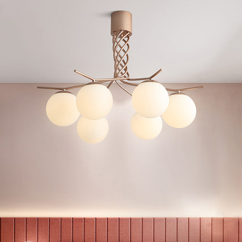 Modern Spiral Chandelier Pendant Light With 6 Iron Heads In Rose Gold And Sphere White Glass Shade