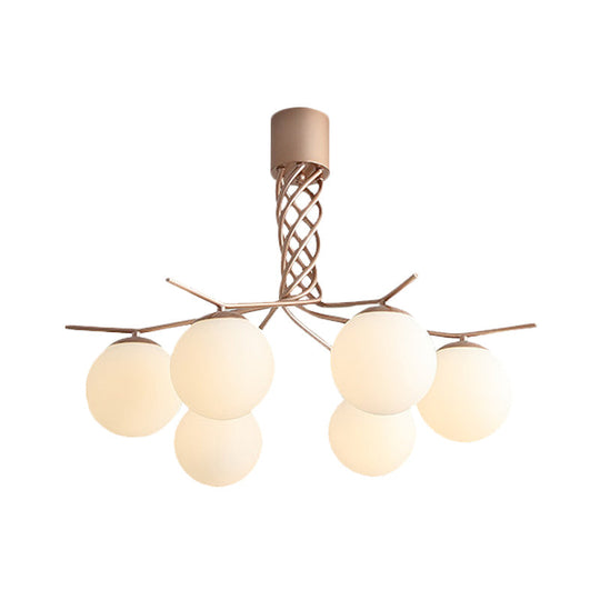 Modern Spiral Chandelier Pendant Light With 6 Iron Heads In Rose Gold And Sphere White Glass Shade