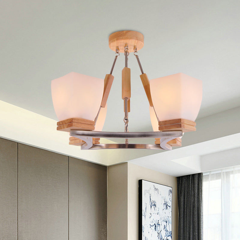 Modern Trapezoid Chandelier | 4-Head White Frosted Glass Chrome & Wood Ceiling Light