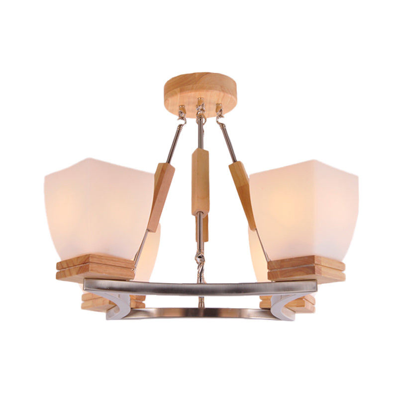 Modern Trapezoid Chandelier | 4-Head White Frosted Glass Chrome & Wood Ceiling Light