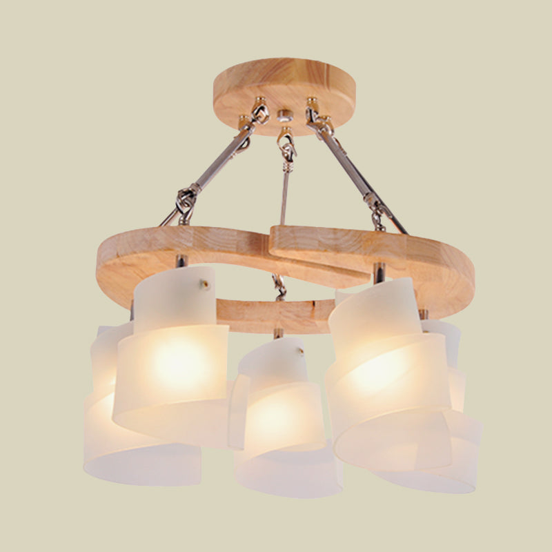 Modern Spiral Panel Chandelier With Frosted Glass Wood Shelf And Multiple Bulb Options