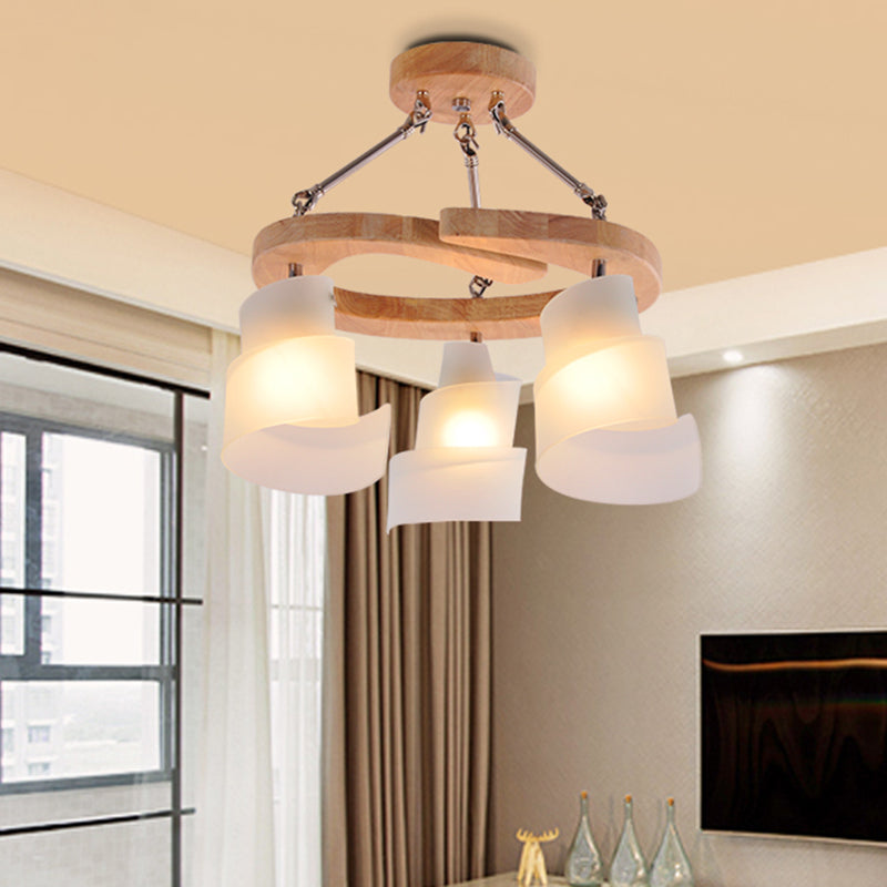 Modern Spiral Panel Chandelier With Frosted Glass Wood Shelf And Multiple Bulb Options 3 / White