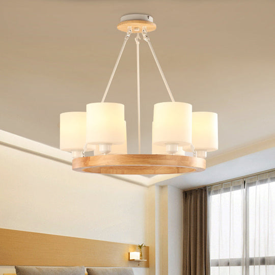 Modern White Glass Cylinder Chandelier Light With Wood Hanging Pendant And Ring Design - 4/6/8-Light