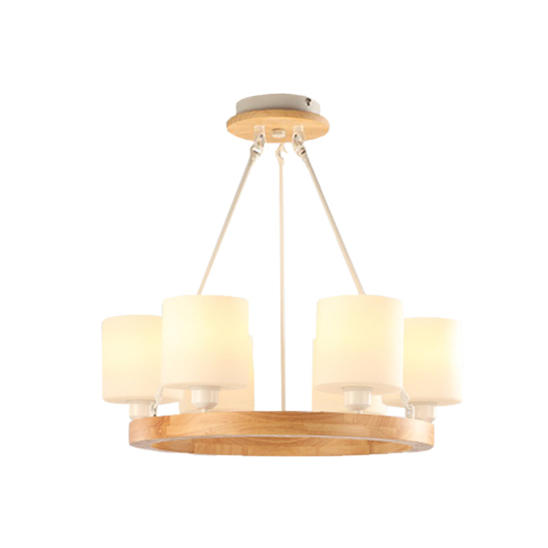 Modern White Glass Cylinder Chandelier Light With Wood Hanging Pendant And Ring Design - 4/6/8-Light