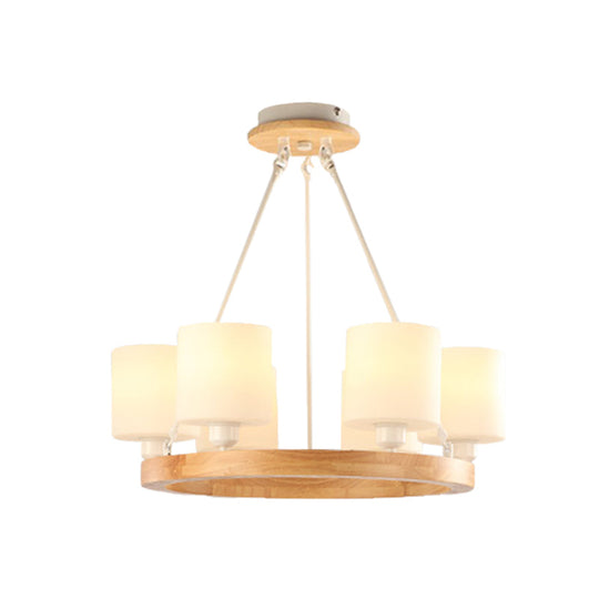 Modern White Glass Cylinder Chandelier Light With Wood Hanging Pendant And Ring Design - 4/6/8-Light