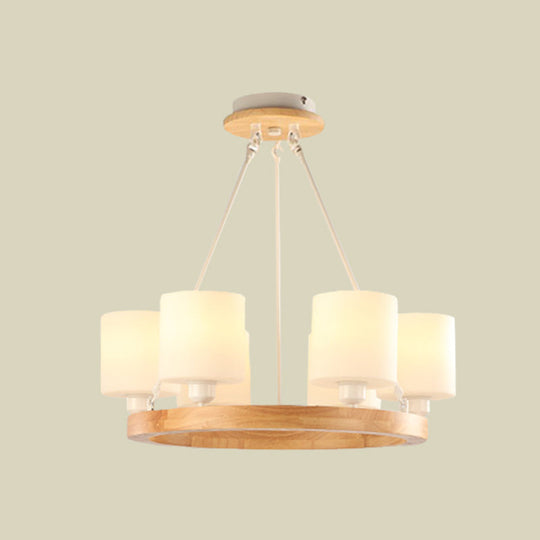 Modern White Glass Cylinder Chandelier Light With Wood Hanging Pendant And Ring Design - 4/6/8-Light