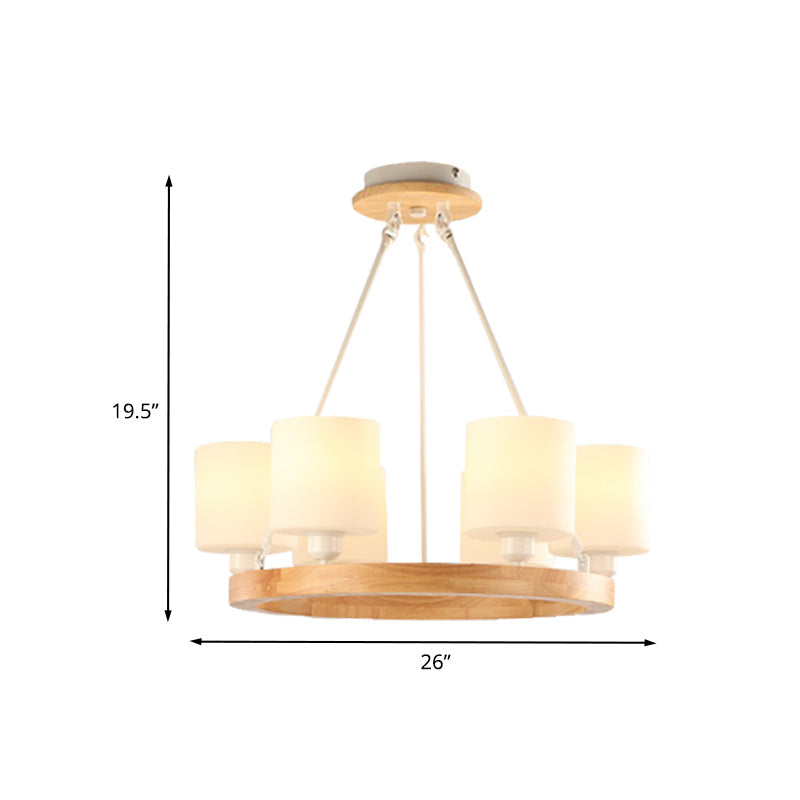 Modern White Glass Cylinder Chandelier Light With Wood Hanging Pendant And Ring Design - 4/6/8-Light