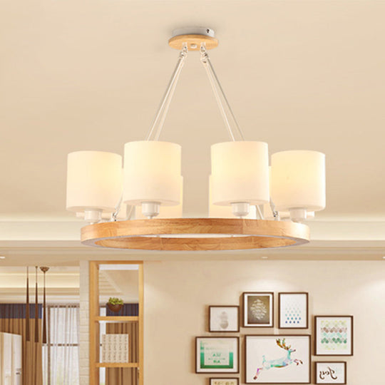 Modern White Glass Cylinder Chandelier Light With Wood Hanging Pendant And Ring Design - 4/6/8-Light